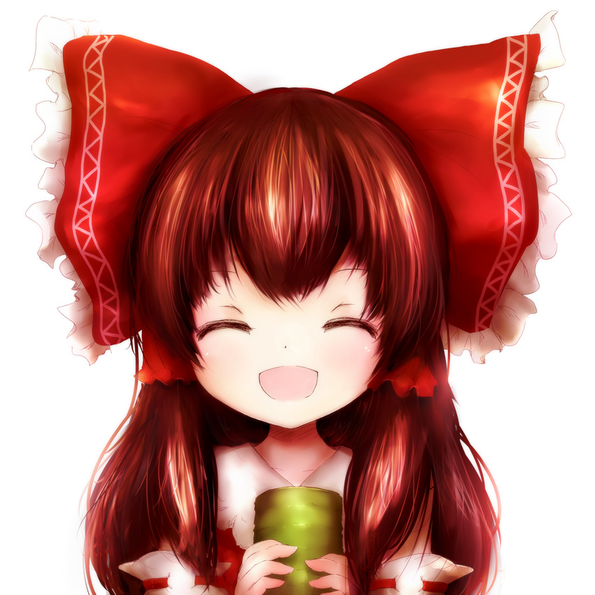 amanojaku bad_id bad_pixiv_id bow brown_hair closed_eyes cookie_(touhou) cup detached_sleeves facing_viewer hair_bow hakurei_reimu happy highres large_bow long_hair open_mouth portrait reu revision ribbon-trimmed_sleeves ribbon_trim smile solo tea touhou transparent_background