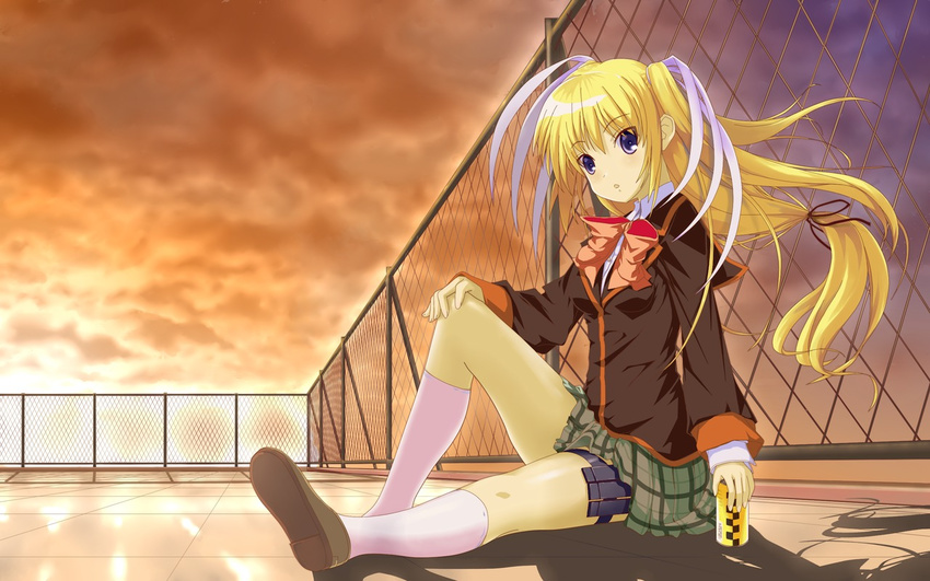 blonde_hair blue_eyes bow can chain-link_fence fence hair_ornament hair_ribbon holster little_busters! long_hair pink_bow ribbon rooftop satou_takeshi school_uniform sitting skirt solo thigh_holster thigh_strap tokido_saya wallpaper