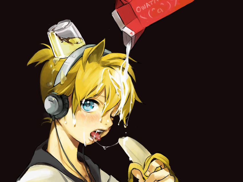 bad_id bad_pixiv_id banana blonde_hair blue_eyes food fruit headphones kagamine_len licking male_focus milk milk_carton one_eye_closed pudding sexually_suggestive solo suggestive_fluid tongue vocaloid yoneyaman