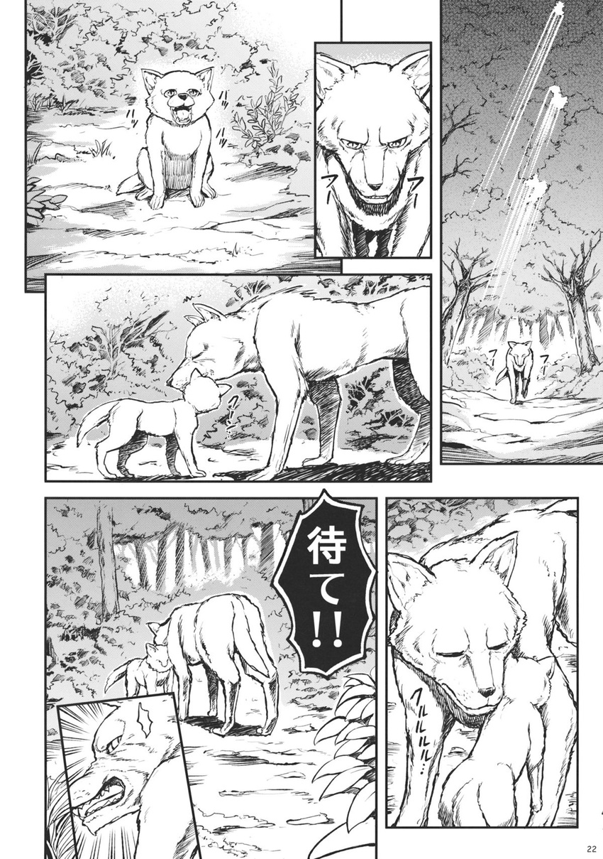 dog doujinshi forest greyscale highres miyamoto_ryuuichi monochrome nature no_humans puppy scan sunlight translated tree