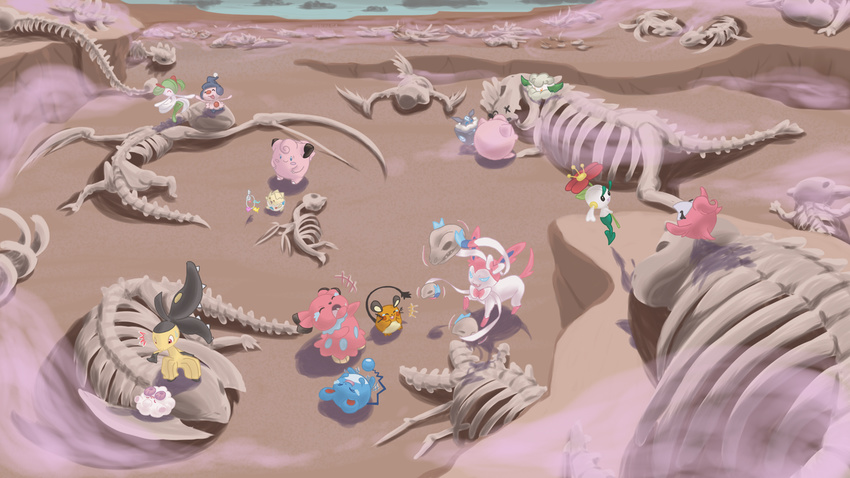 carbink clefairy cottonee dedenne floette fossil gen_1_pokemon gen_2_pokemon gen_3_pokemon gen_4_pokemon gen_5_pokemon gen_6_pokemon jigglypuff kirlia klefki marill mawile mime_jr. no_humans pokemon pokemon_(creature) skeleton snubbull spritzee swirlix sylveon togepi wasteland