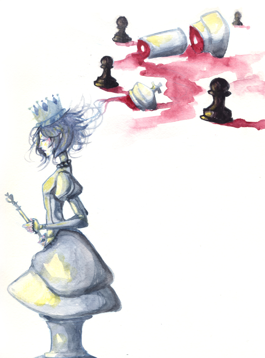 artist_request blood board_game chess chess_piece closed_eyes crown dress highres irene_(looking_glass) long_sleeves puffy_sleeves short_hair the_looking_glass