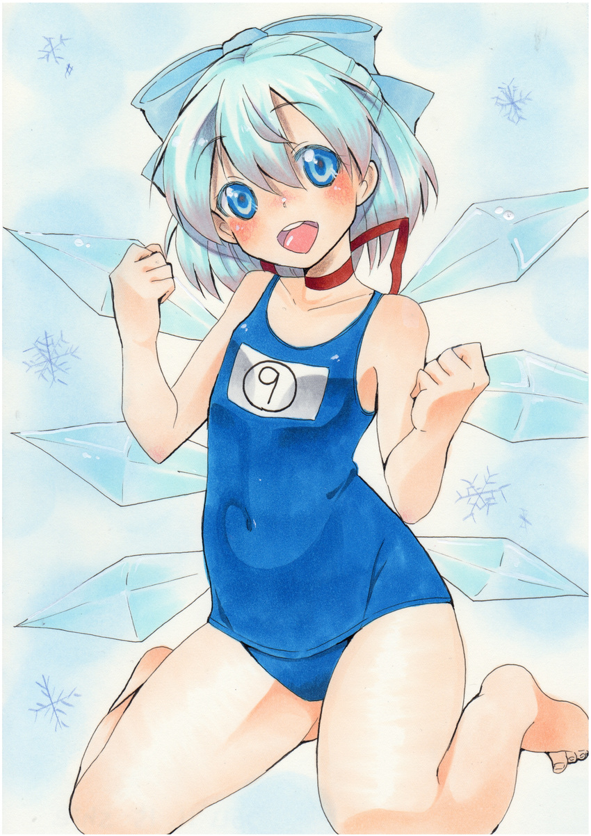 1girl absurdres arms_up bad_id bad_pixiv_id blue_background blue_eyes blue_hair bow choker cirno clenched_hands colored_eyelashes faux_traditional_media hair_bow head_tilt highres ice ice_wings kneeling looking_at_viewer one-piece_swimsuit open_mouth ribbon ribbon_choker school_swimsuit shie_(m417) short_hair simple_background snowflakes solo swimsuit touhou wings
