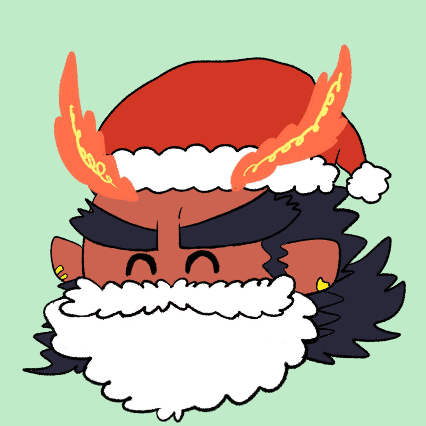 1boy ^_^ astar_(live_a_hero) bara christmas closed_eyes colored_skin cropped_head facial_hair fake_beard fake_facial_hair fiery_horns flat_color forked_eyebrows hat highres horns huge_eyebrows live_a_hero male_focus mustache mutton_chops ogre pointy_ears red_skin santa_hat solo tsukudani-chan_(29_da2) tusks