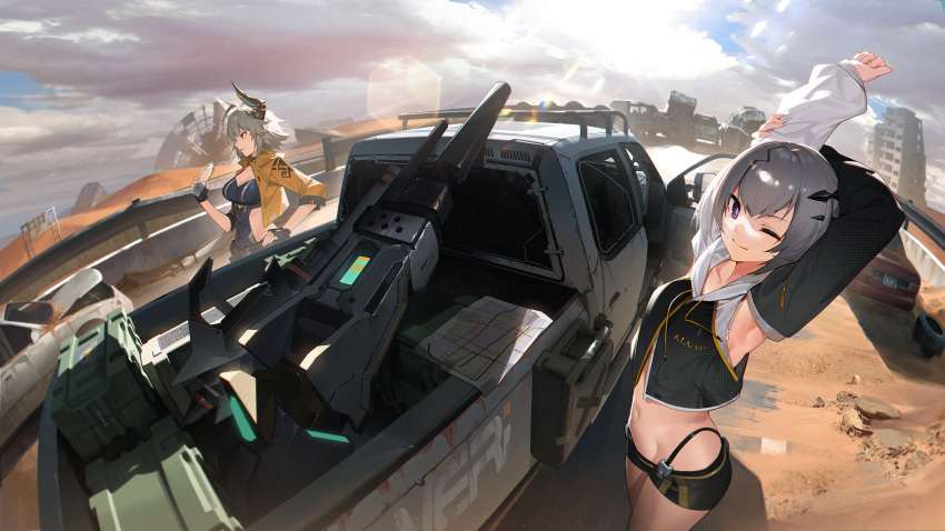 2girls ;) absurdres armpits arms_up black_gloves black_horns black_shirt black_vest blue_sky bottle breasts bright_pupils building character_request cleavage clenched_hand clothing_cutout cloud covered_navel cowboy_shot crosscore day desert detached_sleeves fingerless_gloves fisheye gloves grey_hair hand_on_own_elbow hand_on_own_hip highres holding holding_bottle hood hooded_vest hoodie horns impossible_clothes impossible_shirt jacket kexue large_breasts lens_flare motor_vehicle multiple_girls navel official_art one_eye_closed open_clothes open_jacket outdoors pickup_truck profile purple_eyes ruins shirt short_shorts shorts side_cutout sky sleeves_past_elbows smile stomach truck vest water_bottle white_pupils wide_shot wreckage yellow_jacket
