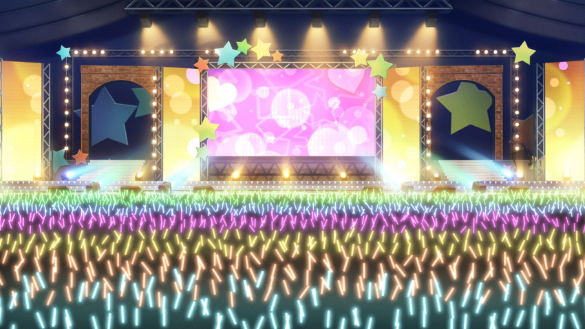 arch audience brick brick_arch concert film_grain game_cg glowstick heart izumi_tsubasu musical_note non-web_source official_art rafters re:stage! scenery screen stage stage_lights stairs star_(symbol)