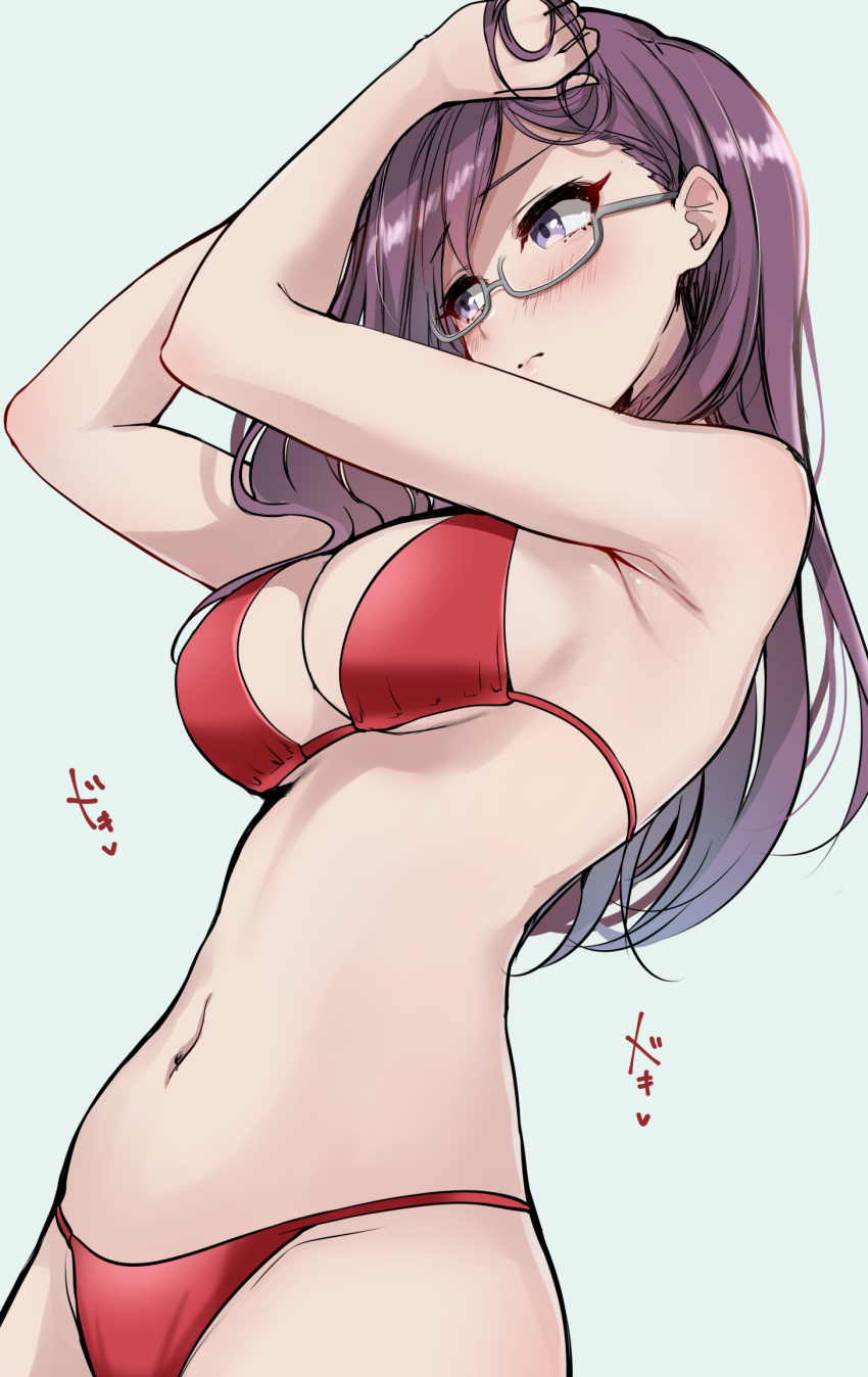 arms_up bikini black-framed_eyewear blush breasts cleavage closed_mouth commentary embarrassed glasses hands_in_own_hair highres idolmaster idolmaster_cinderella_girls looking_to_the_side medium_breasts murabito_c navel purple_eyes purple_hair rectangular_eyewear red_bikini simple_background standing swimsuit symbol-only_commentary white_background yagami_makino