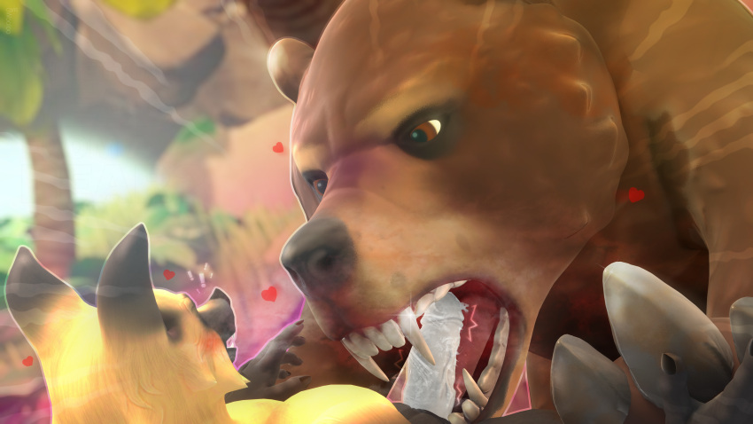 &lt;3 3d_(artwork) absurd_res ambiguous_gender anthro bat bear blender_(software) bodily_fluids brown_bear brown_eyes brown_hair claws digital_media_(artwork) duo exclamation_point fangs fellatio feral genitals hair hi_res male male/ambiguous mammal nature nature_background oral ovis_wooloo penile penis penis_in_mouth penis_on_tongue raft_(video_game) saliva saliva_on_penis sex teeth ursine white_penis