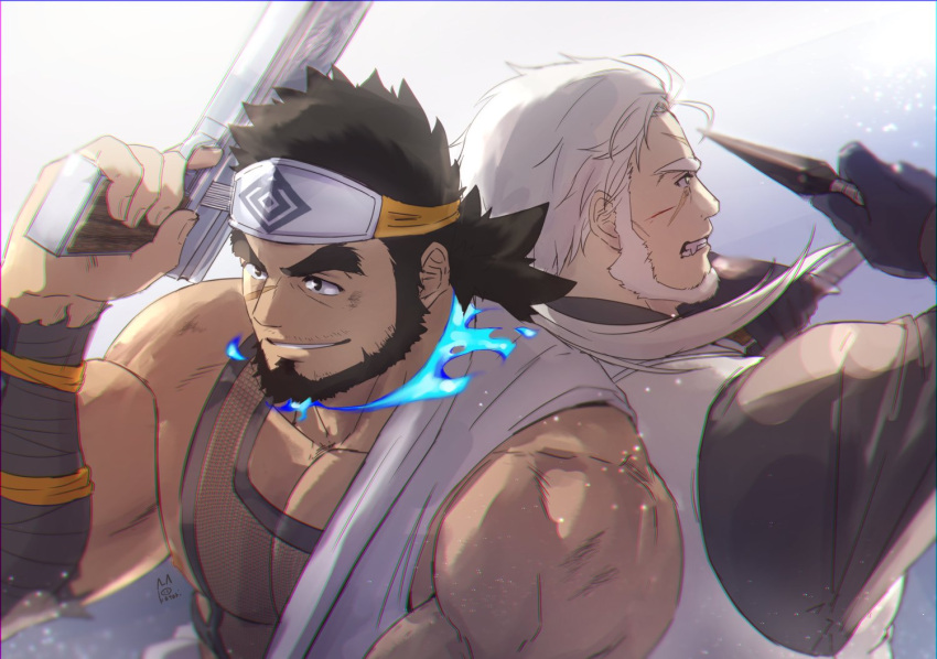 2boys artist_logo back-to-back bara beard biceps black_hair clenched_teeth commentary_request cross_scar dagger facial_hair fangs gun holding holding_dagger holding_gun holding_knife holding_weapon injury katoributa_a knife kresnik_(housamo) kunai male_focus multiple_boys multiple_scars muscular muscular_male pectorals ponytail sandayu_(housamo) scar scar_on_face smile teeth tokyo_afterschool_summoners weapon white_hair