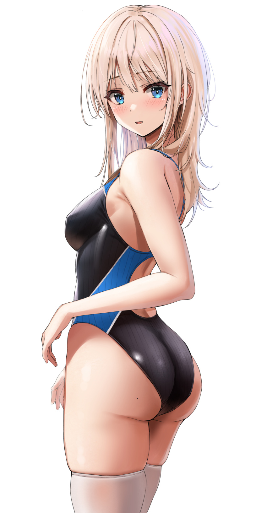 1girl absurdres ass bare_arms black_one-piece_swimsuit blonde_hair blue_eyes breasts commentary_request competition_swimsuit covered_nipples from_behind highres long_hair looking_at_viewer looking_back medium_breasts mole mole_on_ass one-piece_swimsuit open_mouth original simple_background solo standing swimsuit thighhighs two-tone_swimsuit white_background white_thighhighs yukemuriganmo