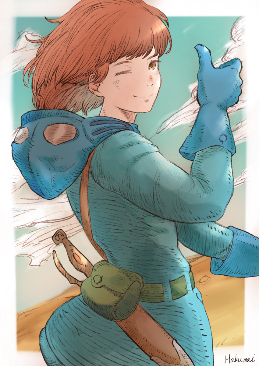 1girl absurdres artist_name belt blue_gloves blue_headwear blue_tunic brown_eyes brown_hair closed_mouth cloud cloudy_sky cropped_legs desert fanny_pack gloves goggles hakumai_(hakumai_art) highres kaze_no_tani_no_nausicaa light_blue_jacket nausicaa one_eye_closed scabbard sheath signature sky smile solo standing studio_ghibli sword thumbs_up weapon