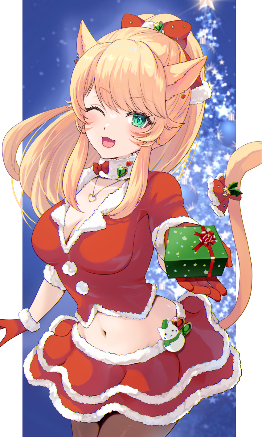 1girl :d absurdres animal_ears blush bow breasts cat_ears cat_girl cat_tail christmas cleavage final_fantasy final_fantasy_xiv fur-trimmed_bow fur-trimmed_gloves fur-trimmed_shirt fur-trimmed_skirt fur_collar fur_trim gift gloves green_eyes highres holding holding_gift kudoukudokudo looking_at_viewer midriff miqo'te one_eye_closed ponytail santa_costume shirt skirt smile solo swept_bangs tail tail_bow tail_ornament thighhighs
