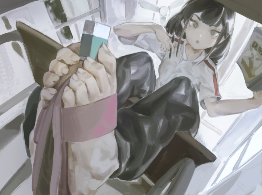 1girl aspirine4832 barefoot black_hair black_pants book collared_shirt eraser feet foot_focus foreshortening from_below grey_eyes highres holding holding_with_feet indoors long_hair looking_at_viewer looking_down open_mouth pants pen qiao_ling sandals shiguang_dailiren shirt short_sleeves single_sandal sitting solo toe_scrunch toenails toes