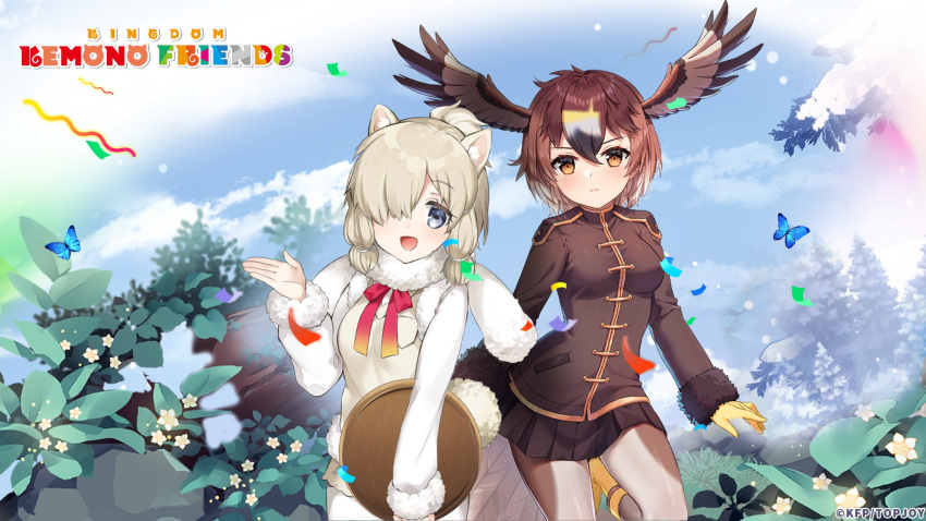 2girls alpaca_suri_(kemono_friends) animal_ears bird_girl bird_tail bird_wings blue_eyes boots bow bowtie brown_eyes brown_hair bug butterfly cardigan extra_ears gloves golden_eagle_(kemono_friends) grey_hair head_wings highres jacket kemono_friends kemono_friends_kingdom looking_at_viewer multiple_girls nature official_art outdoors pantyhose scarf shirt short_hair shorts skirt tail wings