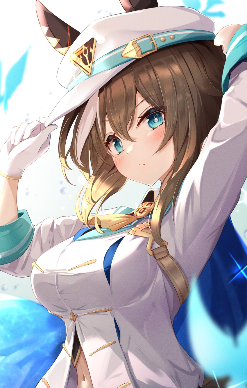 1girl absurdres animal_ears ascot blue_cape blue_eyes blush breasts brown_hair cape cheval_grand_(umamusume) closed_mouth ear_covers ears_through_headwear hair_between_eyes hat highres horse_ears horse_girl jacket large_breasts long_sleeves looking_at_viewer multicolored_hair navel peaked_cap sky_cappuccino solo streaked_hair umamusume white_hair white_headwear white_jacket yellow_ascot