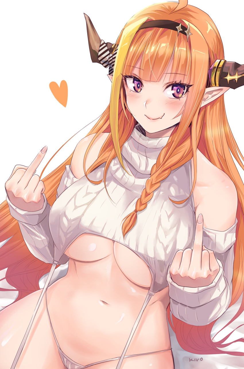 1girl absurdres ahoge blonde_hair bow breasts detached_sleeves double_middle_finger dragon_girl dragon_horns garter_straps hairband highres hololive horn_bow horn_ornament horns kiryu_coco kivo long_hair meme_attire middle_finger multicolored_hair navel orange_hair pointy_ears purple_eyes ribbed_sleeves simple_background sleeveless sleeveless_sweater sleeveless_turtleneck solo streaked_hair striped striped_bow sweater turtleneck turtleneck_sweater underboob virgin_destroyer_sweater virtual_youtuber white_background white_garter_straps
