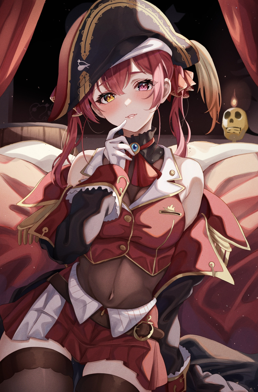 1girl ascot bare_shoulders belt bicorne black_choker black_coat black_headwear black_thighhighs blush breasts brown_belt choker cleavage coat cropped_jacket frilled_choker frilled_shirt_collar frills gloves hair_between_eyes hair_ribbon hat heterochromia highres hololive houshou_marine houshou_marine_(1st_costume) jacket lace-trimmed_legwear lace_trim large_breasts leather_belt leotard leotard_under_clothes long_hair looking_at_viewer off_shoulder pirate_hat pleated_skirt red_ascot red_eyes red_hair red_jacket red_ribbon red_skirt ribbon sa-ya2 see-through see-through_leotard skirt sleeveless sleeveless_jacket smile solo thighhighs twintails virtual_youtuber white_gloves yellow_eyes