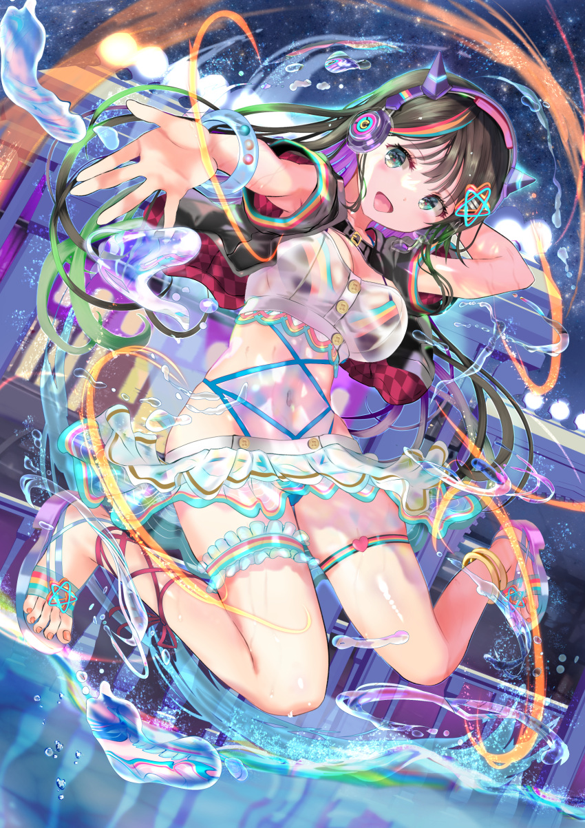 1girl absurdres arms_behind_head bikini bikini_under_clothes black_jacket blush bracelet breasts brown_hair colored_inner_hair covered_navel cropped_jacket full_body green_eyes headphones highres jacket jewelry large_breasts long_hair looking_at_viewer multicolored_clothes multicolored_hair nail_polish ogata_tei open_clothes open_jacket open_mouth original purple_hair see-through skirt sky smile solo star_(sky) starry_sky swimsuit thigh_strap water wet wet_clothes