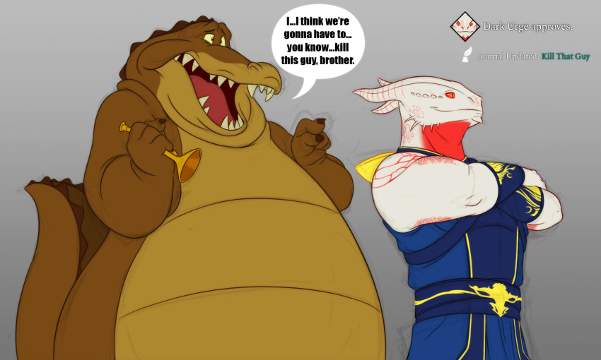 alligator alligatorid anthro baldur's_gate baldur's_gate_3 belly brass_instrument crocodile crocodilian crocodylid crossed_arms dragonborn_(dnd) dungeons_and_dragons duo english_text hasbro hi_res humor i_think_we're_gonna_have_to_kill_this_guy louis_(tpatf) male meme musical_instrument overweight pokelai reptile scalie text the_dark_urge_(baldur's_gate) trumpet wind_instrument wizards_of_the_coast