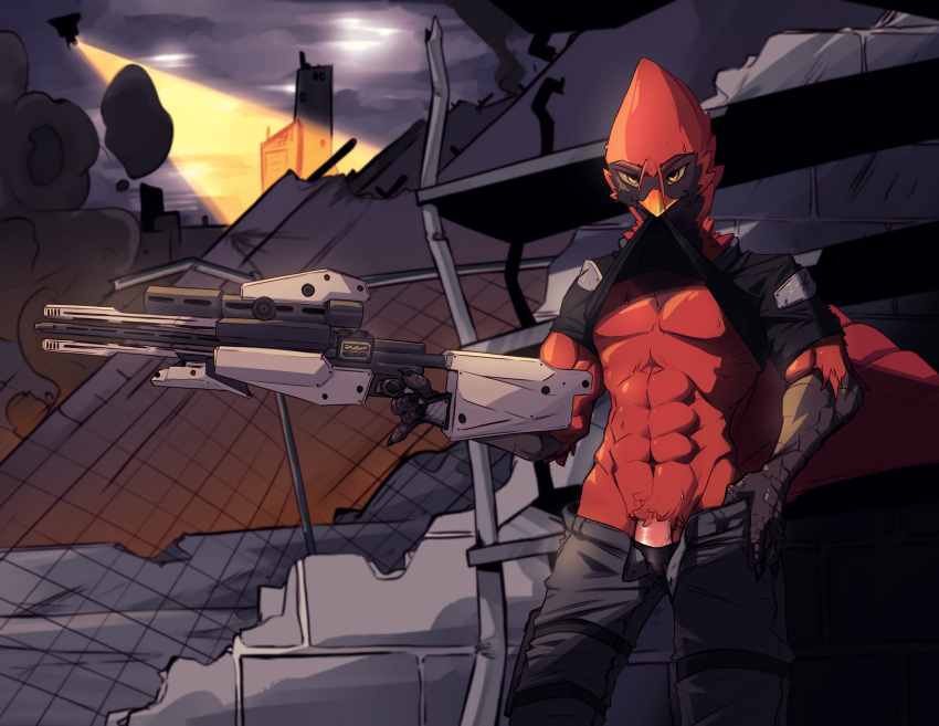 absurd_res anthro avian beak bird cardinal_(bird) clothing father_hill feathers futuristic genitals gun hi_res male oscine passerine penis post-apocalyptic ranged_weapon red_body red_feathers smoke solo timesplitters undressing weapon