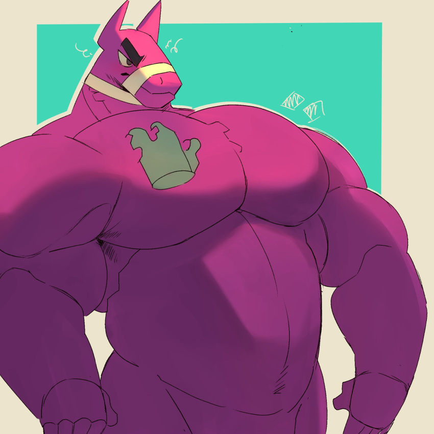 1:1 2022 animate_inanimate annoyed_expression anthro bandaged_neck blush camelid disembodied_hand epic_games fortnite fur hand_on_pecs hi_res huge_pecs living_pinata llama lt._john_llama male mammal muscular muscular_anthro muscular_arms muscular_male pinata pink_body pink_fur solo tkckid tufted_fur