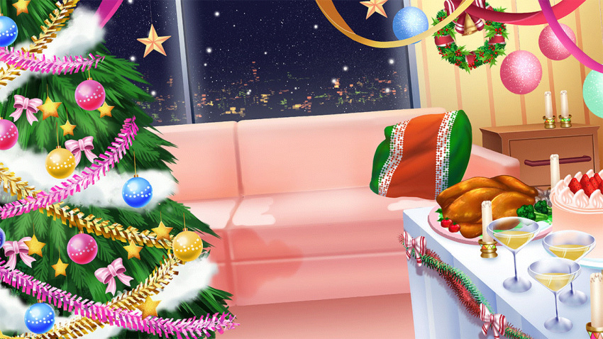 bow broccoli cake candle candlestand cherry_tomato chest_of_drawers christmas christmas_ornaments christmas_tree christmas_wreath city_lights cityscape couch cup drinking_glass dutch_angle film_grain food game_cg indoors izumi_tsubasu night night_sky no_humans non-web_source official_art pillow pink_bow re:stage! scenery sky snowing strawberry_cake streamers table tablecloth tinsel tomato turkey_(food) window wreath