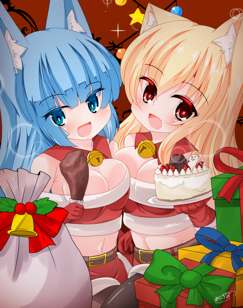 2girls :d animal_ear_fluff animal_ears belt belt_buckle black_pantyhose blonde_hair blue_eyes blue_hair blush box breasts brown_background brown_belt brown_eyes buckle cake cat_ears chicken_leg cleavage commentary_request crop_top fang food fox_ears fruit fur-trimmed_skirt fur_trim gift gift_box hair_between_eyes highres holding holding_food kanijiru long_hair looking_at_viewer medium_breasts midriff multiple_girls navel original pantyhose red_skirt sack signature simple_background skirt smile strawberry very_long_hair