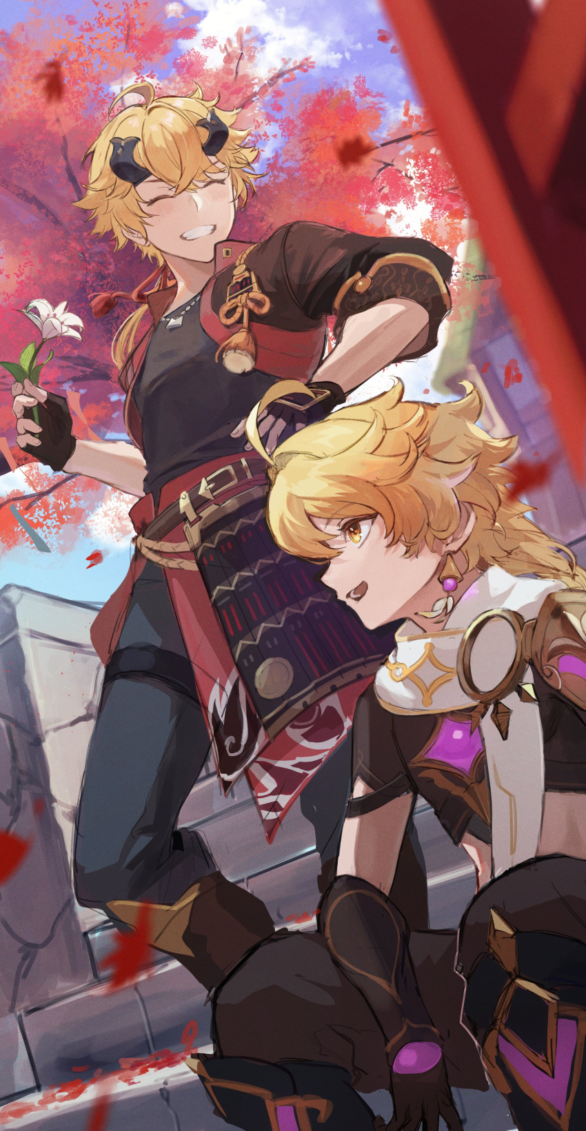 2boys :d absurdres aether_(genshin_impact) ahoge arm_armor armor black_gloves black_pants blonde_hair closed_eyes crop_top crossed_bangs dog_tags earrings fake_horns fingerless_gloves flower genshin_impact gloves grin hair_between_eyes highres holding holding_flower horned_headwear horns japanese_armor jewelry long_hair male_focus medium_hair multiple_boys open_mouth outdoors pants ponytail scarf single_earring sitting smile standing tassel thoma_(genshin_impact) white_flower white_scarf yellow_eyes yonaga_tsuki25