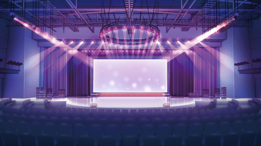 balcony chair dark_room film_grain game_cg indoors izumi_tsubasu no_humans non-web_source official_art rafters re:stage! scenery screen speaker stage stage_curtains stage_lights theater theater_seating