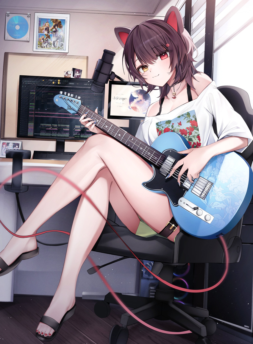 1girl absurdres animal_ears black_footwear blue_nails brown_hair cable chair computer computer_tower desktop dog_ears dog_girl electric_guitar fingernails gaming_chair green_shorts guitar heterochromia highres instrument inui_toko inui_toko_(2nd_costume) jewelry long_fingernails medium_hair microphone necklace nijisanji off-shoulder_shirt off_shoulder playing_guitar red_eyes red_nails rgb_lights sandals shirt shorts simoxia sitting smile solo swept_bangs swivel_chair thigh_strap virtual_youtuber white_shirt yellow_eyes