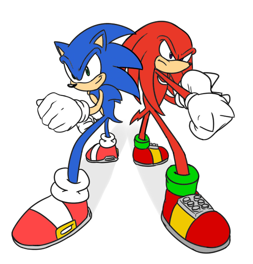 absurd_res anthro blue_body blue_fur clothing duo echidna eulipotyphlan footwear fur gloves green_eyes handwear hedgehog hi_res knuckles_the_echidna male mammal monotreme purple_eyes red_body red_clothing red_footwear red_fur red_shoes sega shoes silenttandem simple_background smile sonic_the_hedgehog sonic_the_hedgehog_(series) tan_body tan_fur white_background white_body white_clothing white_fur white_gloves white_handwear