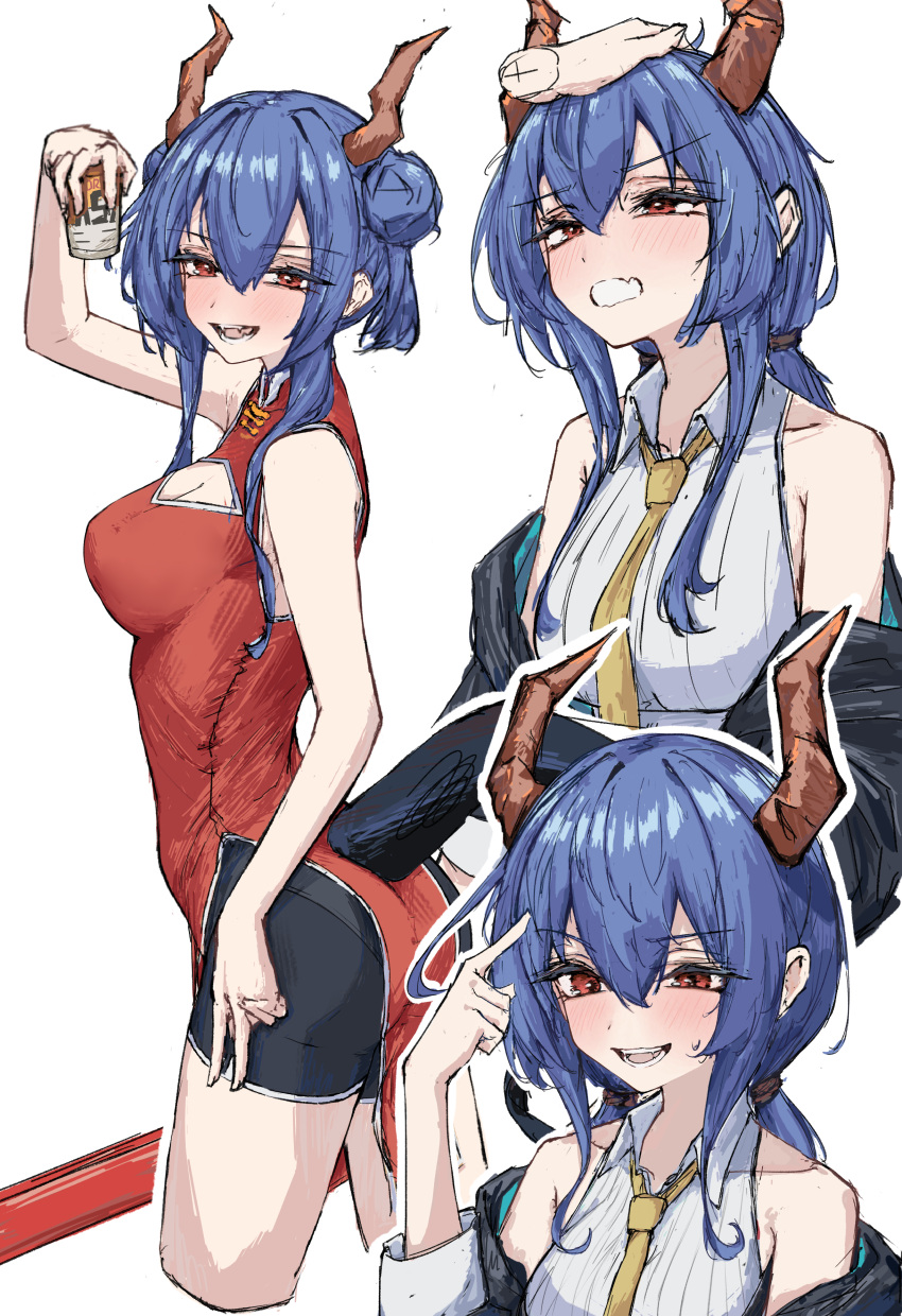 1girl 1other absurdres alcohol arched_back arknights arm_up ass bare_shoulders beer beer_can black_jacket black_panties black_shorts blue_hair blue_tail blush breasts brown_horns can ch'en_(ageless_afterglow)_(arknights) ch'en_(arknights) china_dress chinese_clothes cleavage cleavage_cutout clothing_cutout collarbone collared_shirt commentary covered_collarbone cowboy_shot cropped_legs cropped_torso disembodied_limb double_bun dragon_girl dragon_horns dragon_tail dress dress_shirt drink drink_can drooling drunk fang fangs fingernails from_side furrowed_brow hair_between_eyes hair_bun hair_flowing_over hair_tie half-closed_eye half-closed_eyes hand_in_own_hair hand_on_another's_head hand_on_own_hip hand_up happy headpat high_collar highres holding holding_can holding_drink horns index_finger_raised jacket legs_apart long_hair looking_ahead looking_at_another looking_at_viewer looking_to_the_side looking_up low_twintails medium_breasts mouth_drool multiple_views necktie nervous off_shoulder official_alternate_costume open_clothes open_jacket open_mouth outline panties pointing pointing_at_self raised_eyebrow red_dress red_eyes ribbed_shirt see-through see-through_shorts shirt short_shorts shorts shorts_under_dress sidelocks simple_background sleeveless sleeveless_dress sleeveless_shirt smile solo_focus standing sweatdrop tail teeth thighs tobildesu twintails underwear upper_body v white_background white_outline white_shirt wing_collar yellow_necktie