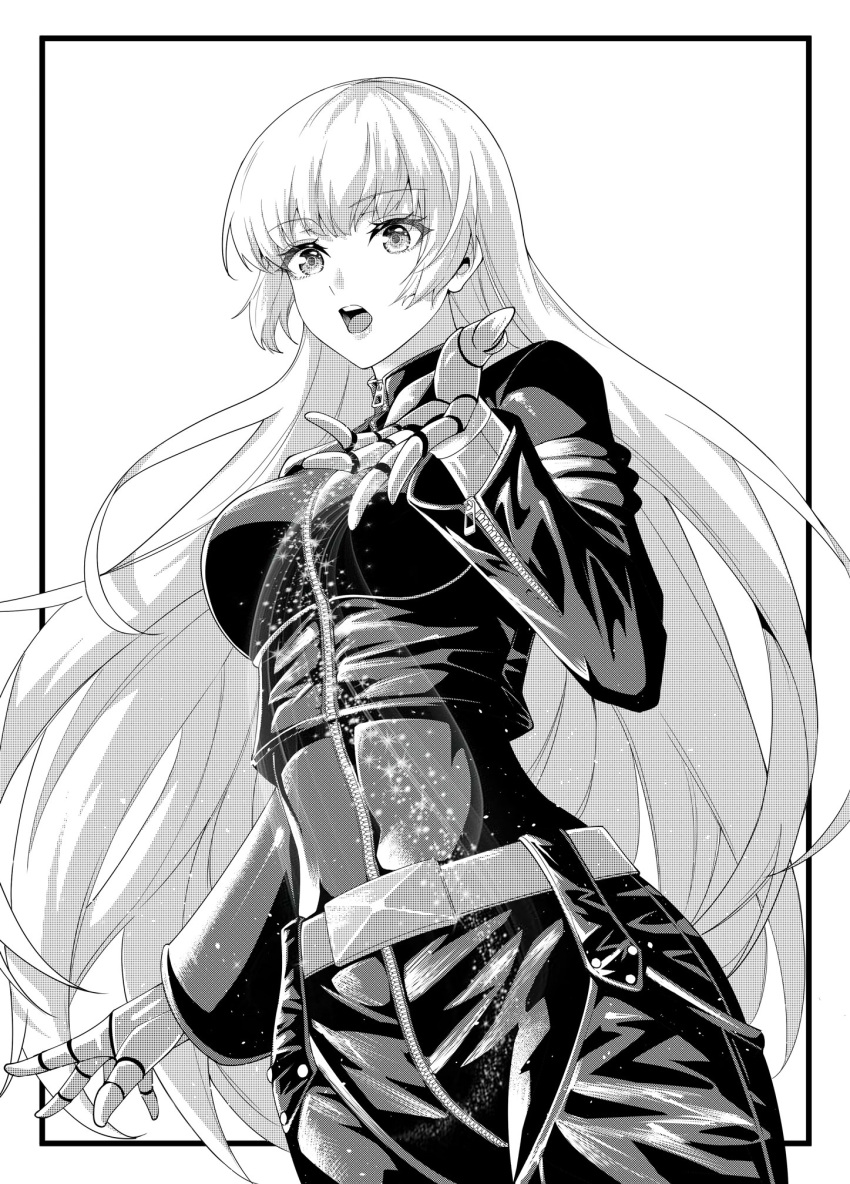 1girl belt black872233196 black_border bodysuit border breasts cowboy_shot gloves greyscale highres kula_diamond long_hair looking_at_viewer monochrome simple_background small_breasts snk the_king_of_fighters white_background zipper