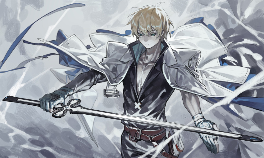 1boy ass blonde_hair blue_eyes blue_gloves from_behind gloves guilty_gear guilty_gear_strive highres holding holding_sword holding_weapon jacket jacket_on_shoulders ky_kiske looking_to_the_side male_focus onigiri_post_0 pants partially_fingerless_gloves shaded_face sheath short_hair simple_background solo sword thunderseal v-neck weapon white_background white_jacket wind wind_lift