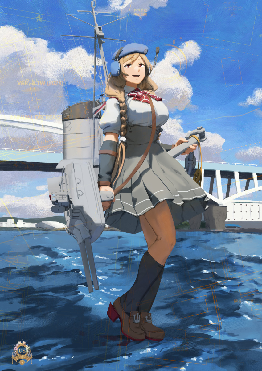 1girl absurdres adapted_turret antennae arm_warmers blue_sky bow bowtie braid breasts bridge brown_eyes cannon cloud cloud_hair_ornament collared_shirt day dress_shirt earmuffs full_body grey_skirt highres kantai_collection large_breasts light_brown_hair logo long_hair low_twin_braids machinery minegumo_(kancolle) outdoors plaid plaid_bow plaid_bowtie red_bow red_bowtie shirt skirt sky smokestack solo standing standing_on_liquid suspender_skirt suspenders turret twin_braids water white_shirt ye_fan