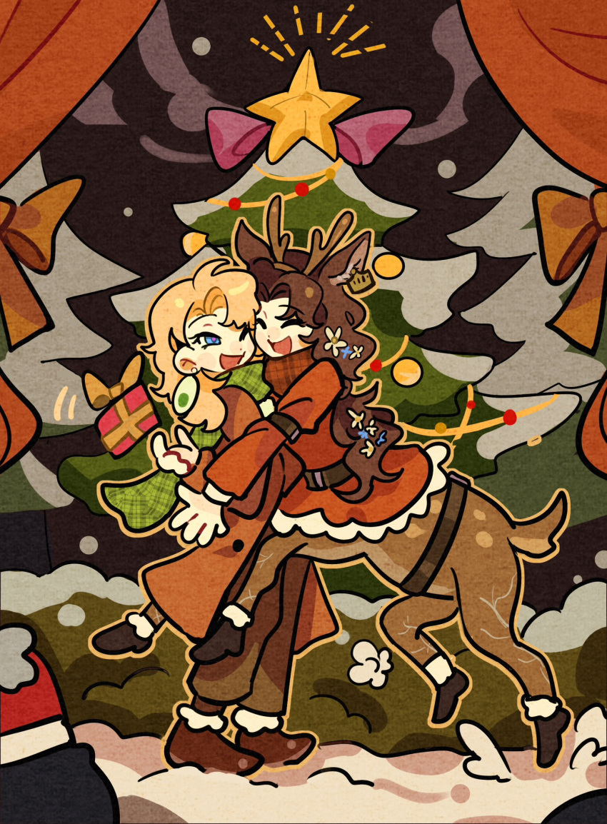 2girls ;d animal_ears bibibi454 blonde_hair blonney blue_eyes box brown_hair brown_pants bush centauroid christmas christmas_ornaments christmas_tree closed_eyes coat deer_ears deer_girl deer_tail ear_tag earrings fake_antlers flower full_body gift gift_box green_scarf hair_flower hair_ornament highres hug jessica_(reverse:1999) jewelry long_hair multiple_girls night night_sky one_eye_closed orange_coat pants plaid plaid_scarf red_curtains red_footwear red_scarf red_shirt reverse:1999 scarf shirt sky smile snow tail taur yuri