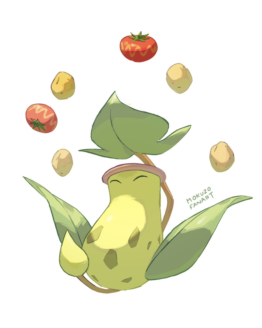 ^_^ closed_eyes food fruit full_body highres mokuzou_(moku_ssbu) no_humans pitcher_plant plant pokemon pokemon_(creature) signature solo tomato victreebel white_background