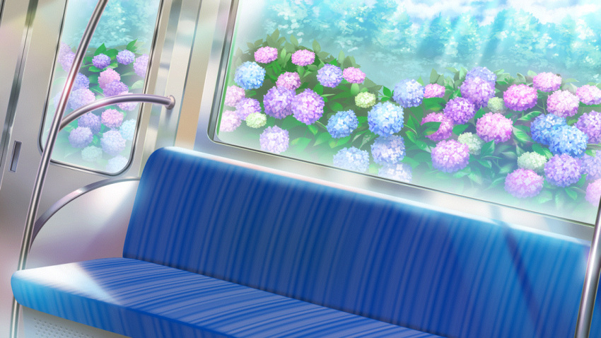 blue_flower bush day film_grain flower game_cg hydrangea izumi_tsubasu no_humans non-web_source official_art pink_flower purple_flower re:stage! scenery sunlight train_interior tree window