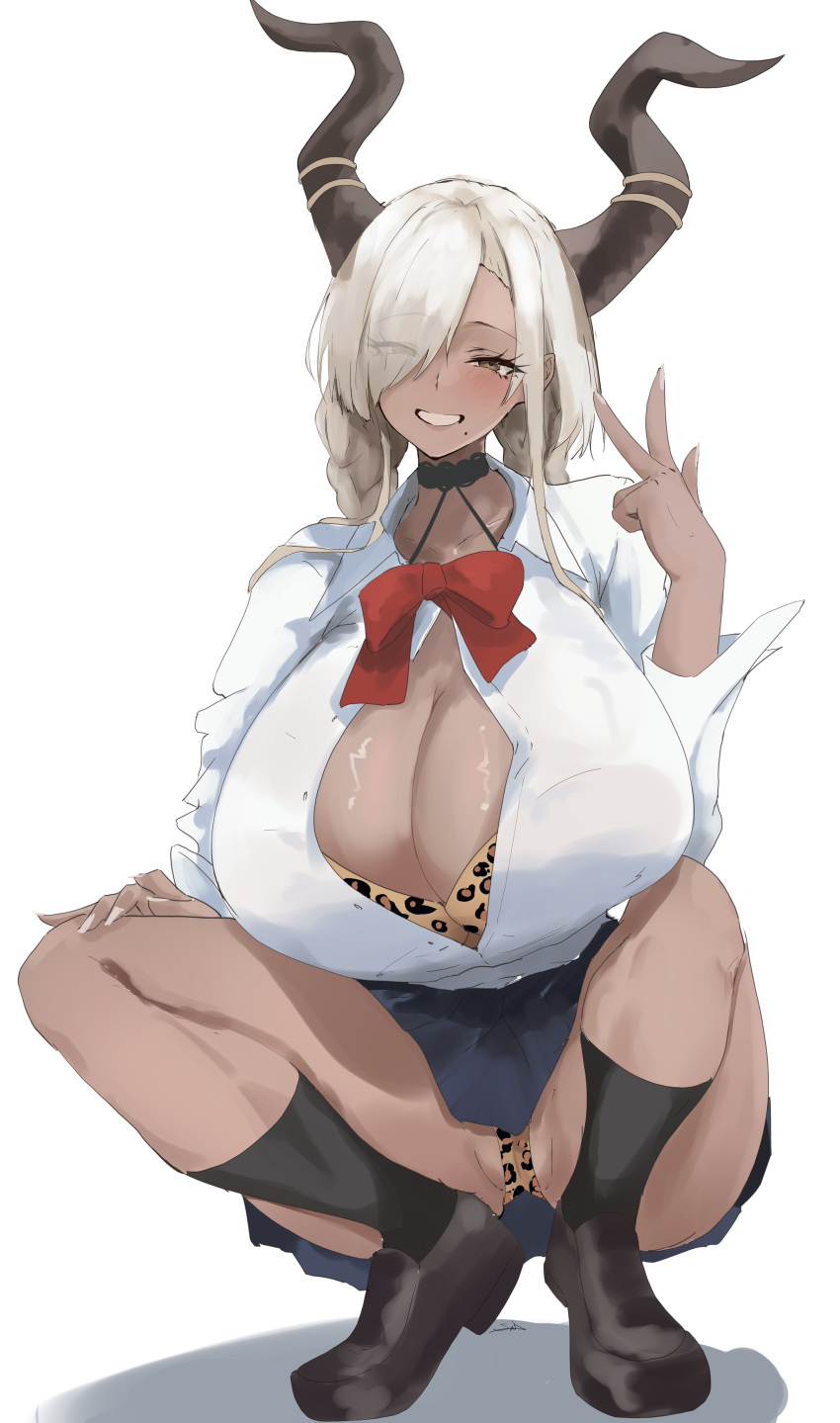 1girl absurdres animal_print asymmetrical_bangs azur_lane blonde_hair blue_skirt blush bra braid breasts brown_horns cleavage collared_shirt dark-skinned_female dark_skin hair_over_one_eye highres horn_ornament horns huge_breasts kasumi_saika large_horns leopard_print long_bangs looking_at_viewer low_twin_braids mole mole_under_mouth nail_polish one_eye_covered owari_(azur_lane) panties partially_unbuttoned pleated_skirt print_bra print_panties pussy pussy_peek shirt skirt smile socks solo squatting twin_braids unbuttoned underwear v white_shirt yellow_eyes