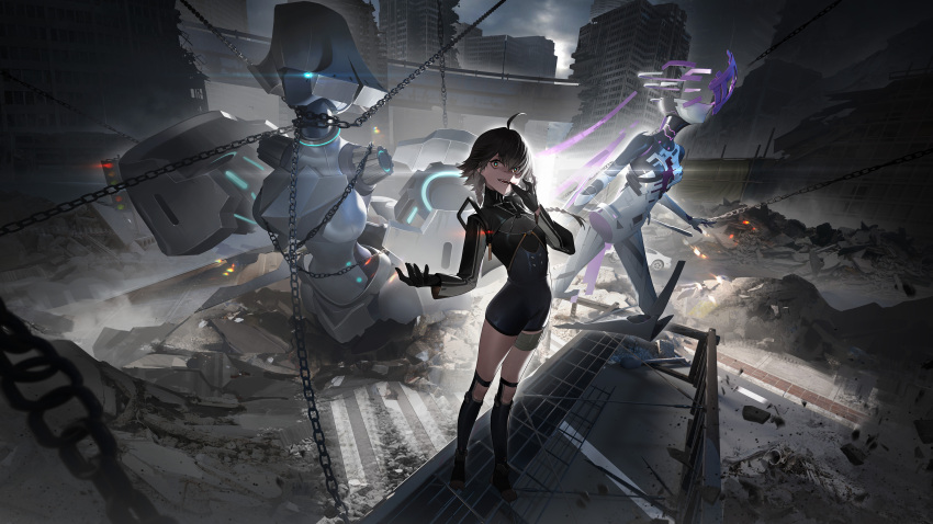 1girl absurdres ahoge black_gloves black_hair black_shirt black_shorts black_socks braid building chain cherno_kegaard city evil_smile fangs full_body gloves hand_to_own_mouth highres humanoid_robot kexue long_hair long_sleeves low_twin_braids official_art open_mouth overcast robot ruins shirt shorts sky smile snowbreak:_containment_zone socks standing teeth toeless_legwear twin_braids wide_shot