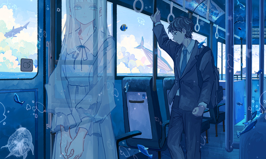 1boy 1girl absurdres arm_up backpack bag black_hair black_jacket black_pants black_suit blue_eyes blue_necktie blue_sky blue_theme blunt_bangs bright_pupils bus_interior clenched_hand cloud collared_shirt commentary dress feet_out_of_frame fish flying_whale frilled_sleeves frills from_side handlebar highres ivelovedsekaowa jacket jellyfish long_hair long_sleeves neck_ribbon necktie original own_hands_together pants ribbon shirt short_hair sky standing straight_hair suit surreal transparent v_arms whale white_dress white_hair white_pupils white_shirt window