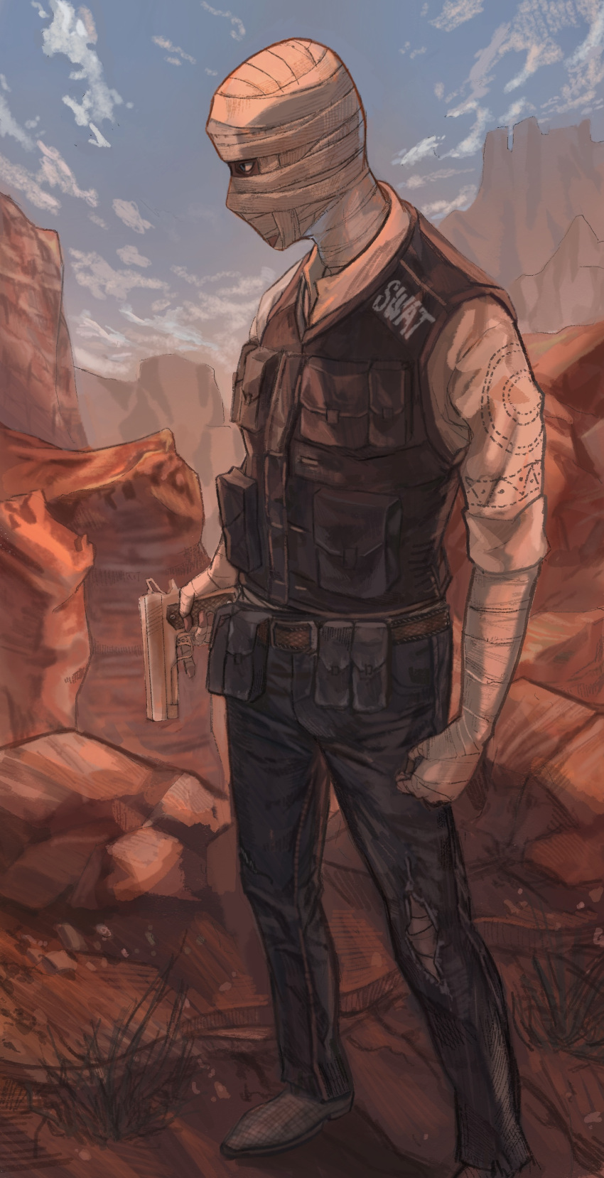 1boy absurdres ammunition_pouch bandaged_arm bandaged_head bandages black_pants boots brown_footwear bulletproof_vest canyon cliff cloud cloudy_sky collared_shirt denim fallout_(series) fallout_new_vegas from_side grass gun handgun highres holding holding_gun holding_weapon joshua_graham looking_to_the_side male_focus motsu_pot pants pouch rock shirt sky solo swat weapon