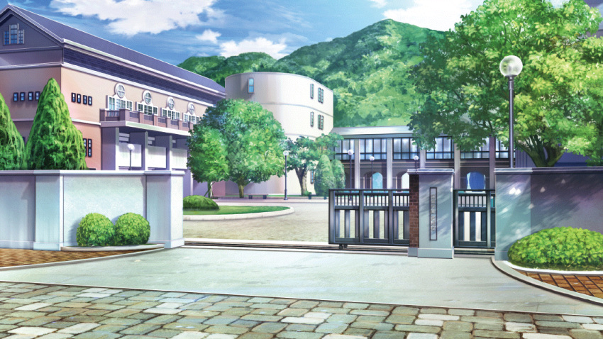 blue_sky brick building bush cloud cobblestone day film_grain game_cg gate izumi_tsubasu lamppost mountain no_humans non-web_source official_art outdoors re:stage! scenery school sky tree