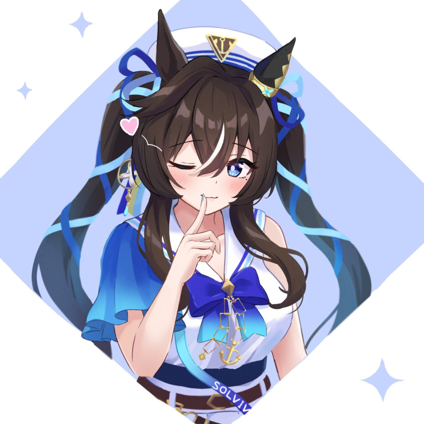 1girl :3 animal_ears beret blue_eyes blush breasts brown_hair earrings hair_between_eyes hair_ornament hat heart highres horse_ears horse_girl jewelry kashmir_0808 long_hair looking_at_viewer medium_breasts mole mole_under_eye one_eye_closed ribbon simple_background single_earring sleeveless solo twintails umamusume vivlos_(umamusume)