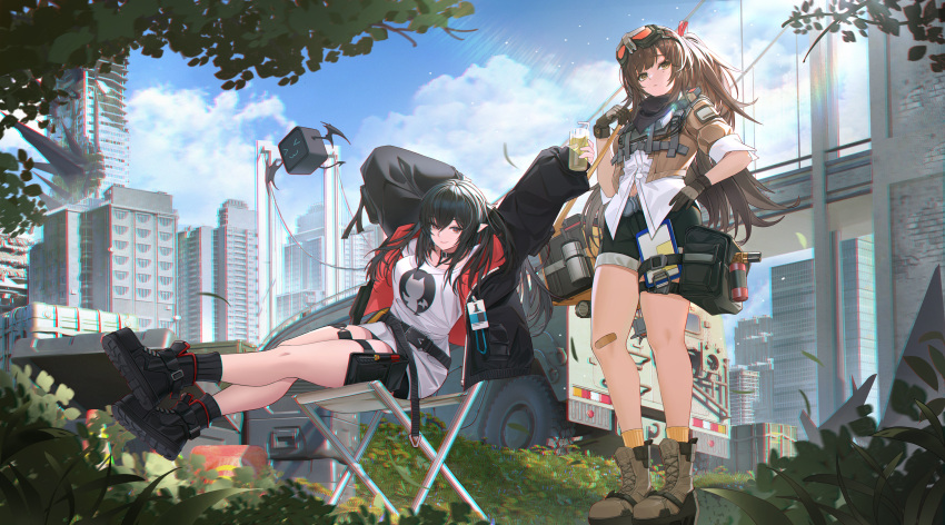2girls absurdres arknights arms_up bag bandaid bandaid_on_knee bandaid_on_leg black_footwear black_hair black_jacket black_shorts black_socks boots box bridge brown_footwear brown_hair building car chair cityscape closure_(arknights) cloud cloudy_sky commission crossover cup drone full_body girls'_frontline girls'_frontline_2:_exilium github gloves goggles goggles_on_head hair_between_eyes hand_on_own_hip highres holding holding_cup id_card jacket lan_liyu_renzi lanyard lens_flare logo_parody long_hair looking_at_viewer mayling_shen_(girls'_frontline_2) motor_vehicle multiple_girls open_clothes open_jacket outdoors pointy_ears red_eyes red_jacket scenery second-party_source shirt shorts sitting sky smile socks thighs traffic_cone two-sided_fabric two-sided_jacket white_shirt
