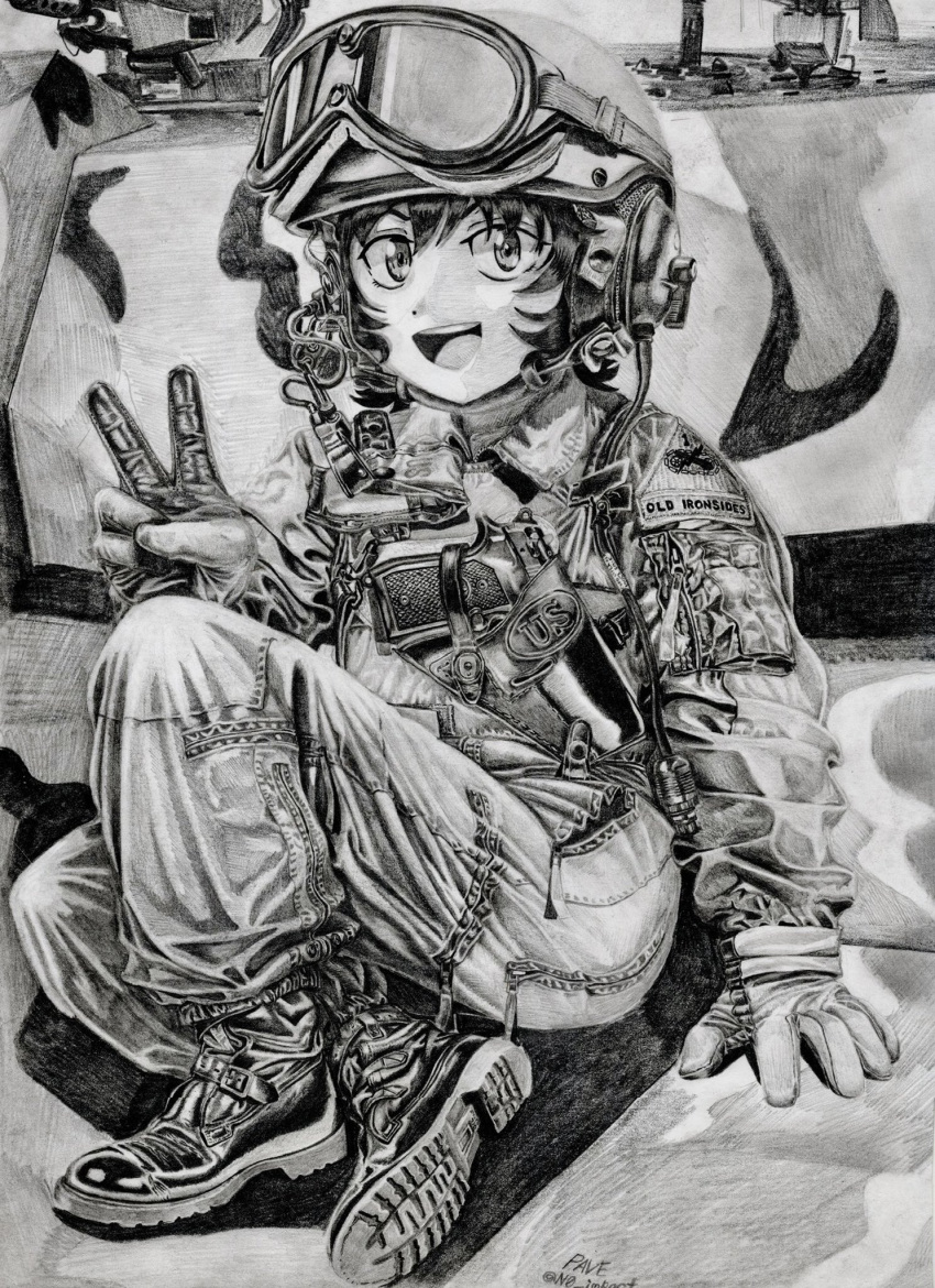 1girl 1st_armored_division akiyama_yukari boots browning_m2 commission girls_und_panzer gloves gun handgun heavy_machine_gun highres m1911 m1_abrams machine_gun military_uniform military_vehicle monochrome motor_vehicle n0_impact sitting smile solo tank uniform united_states_army v weapon