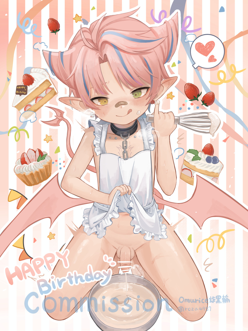1boy :q absurdres apron bandaid bandaid_on_face bandaid_on_nose bar_censor blue_hair bowl cake cake_slice censored chinese_commentary closed_mouth commentary_request commission cum cum_in_container demon_boy demon_tail demon_wings ejaculation food frilled_apron frills full_body green_eyes hair_horns happy_birthday heterochromia highres holding holding_whisk male_focus multicolored_hair naked_apron omurice_(roza4957) orange_eyes original penis pink_hair pinky_out pointy_ears small_penis solo streaked_hair tail testicles tongue tongue_out whisk white_apron wings
