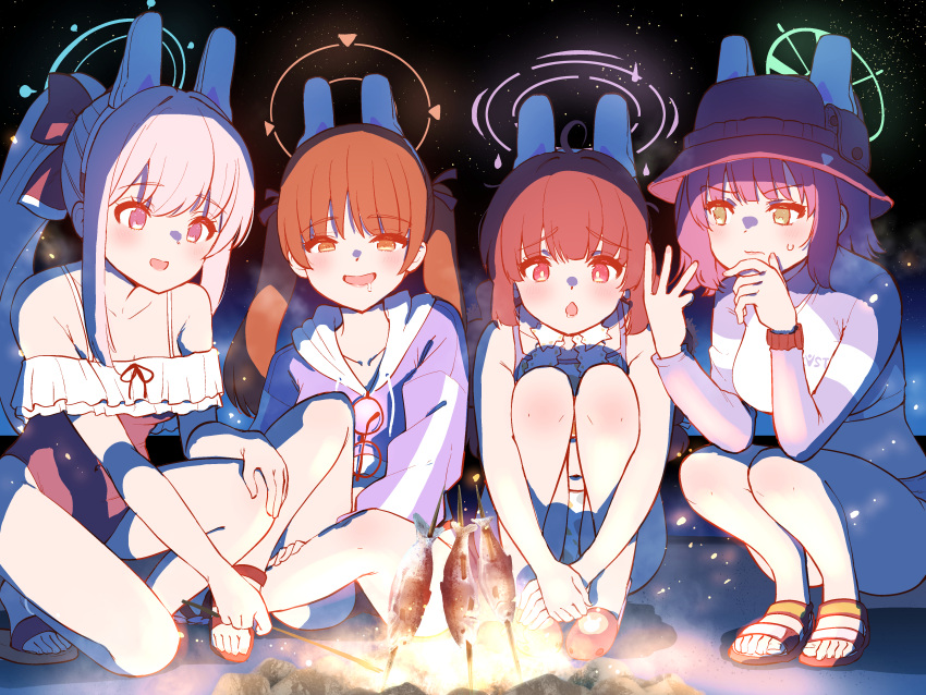 4girls absurdres animal_ears bare_arms bare_legs bare_shoulders bikini black_hair black_one-piece_swimsuit blue_archive blue_halo blue_hoodie blush brown_hair closed_mouth collarbone crocs drooling fake_animal_ears fire fish food frilled_one-piece_swimsuit frills green_eyes green_halo grey_hair halo highres hood hoodie leaf_print long_hair long_sleeves miyako_(blue_archive) miyako_(swimsuit)_(blue_archive) miyu_(blue_archive) miyu_(swimsuit)_(blue_archive) moe_(blue_archive) moe_(swimsuit)_(blue_archive) multiple_girls official_alternate_costume one-piece_swimsuit open_mouth orange_halo pink_halo ponytail purple_eyes rabbit_ears rabbit_platoon_(blue_archive) raglan_sleeves rash_guard red_eyes saki_(blue_archive) saki_(swimsuit)_(blue_archive) sandals sarfata short_hair smile swimsuit twintails white_bikini yellow_eyes