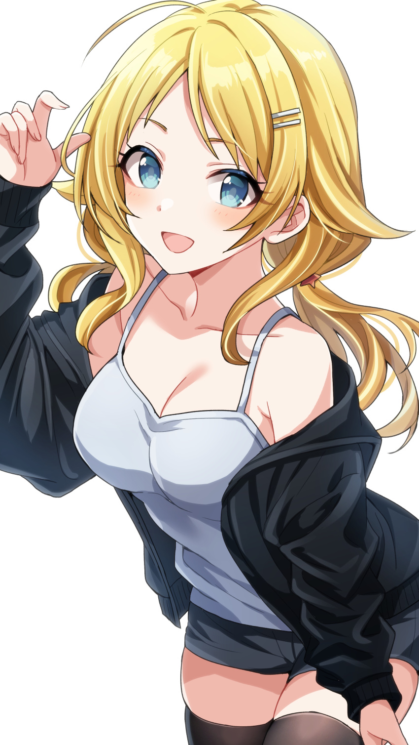 1girl absurdres ahoge black_jacket black_shorts black_thighhighs blonde_hair blue_eyes breasts cleavage collarbone commentary hachimiya_meguru hair_flaps hair_ornament hairclip hand_up highres idolmaster idolmaster_shiny_colors jacket large_breasts light_blush long_hair long_sleeves looking_at_viewer low_twintails open_clothes open_jacket open_mouth popon_ta shirt shorts sidelocks smile solo tank_top thighhighs thighs twintails white_background white_shirt zettai_ryouiki