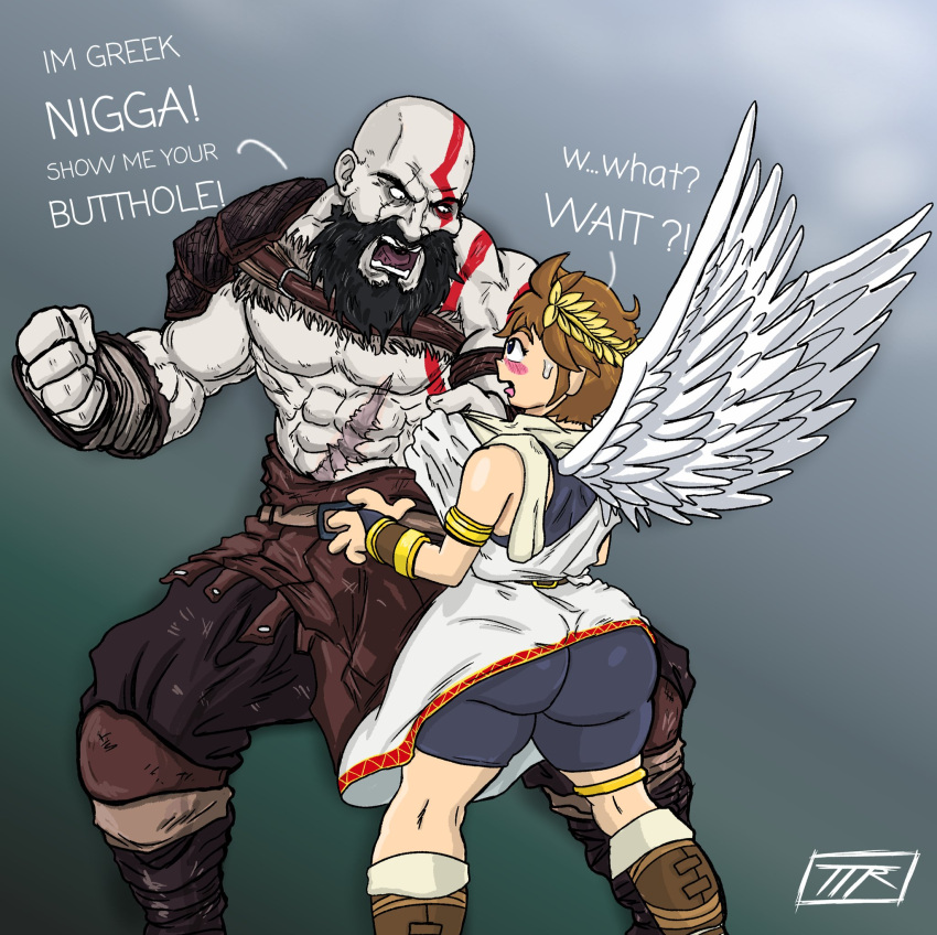abs angel blush clothing crossover dialogue duo english_text feathered_wings feathers god_of_war hi_res human humanoid kid_icarus kojoarts kratos male mammal muscular muscular_human muscular_male nintendo not_furry open_mouth pit_(kid_icarus) shirt_grab signature sony_corporation sony_interactive_entertainment teenager text winged_humanoid wings young